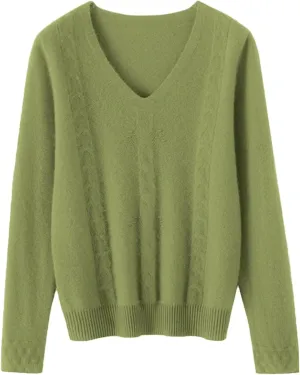 DAIMIDY Women's Solid Cable Knit Sweater Casual Long Sleeve Pullover V Neck Knitted Tops