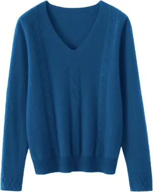 DAIMIDY Women's Solid Cable Knit Sweater Casual Long Sleeve Pullover V Neck Knitted Tops