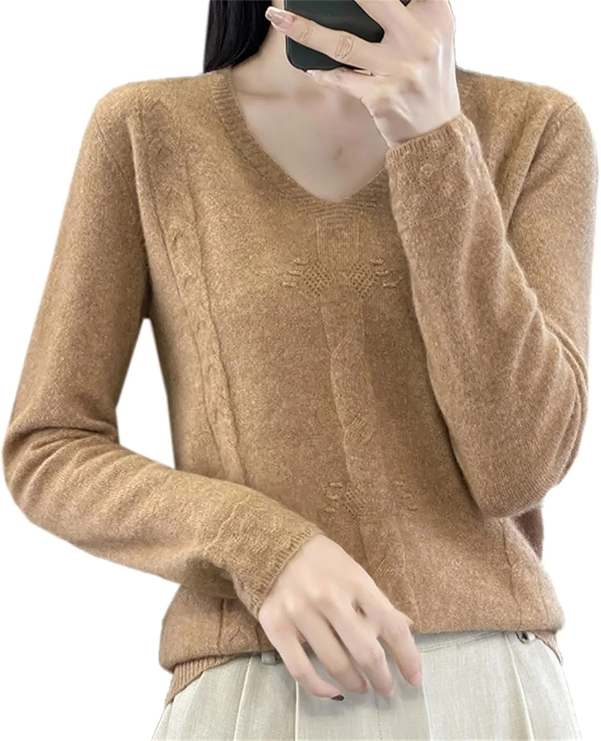 DAIMIDY Women's Solid Cable Knit Sweater Casual Long Sleeve Pullover V Neck Knitted Tops