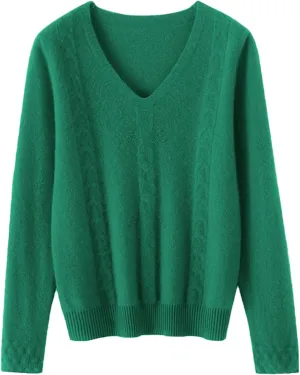 DAIMIDY Women's Solid Cable Knit Sweater Casual Long Sleeve Pullover V Neck Knitted Tops
