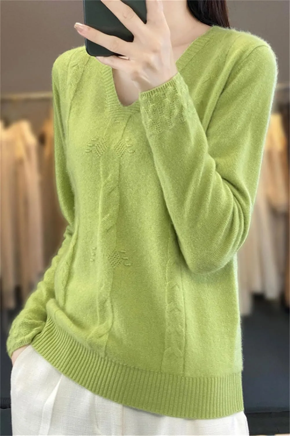 DAIMIDY Women's Solid Cable Knit Sweater Casual Long Sleeve Pullover V Neck Knitted Tops