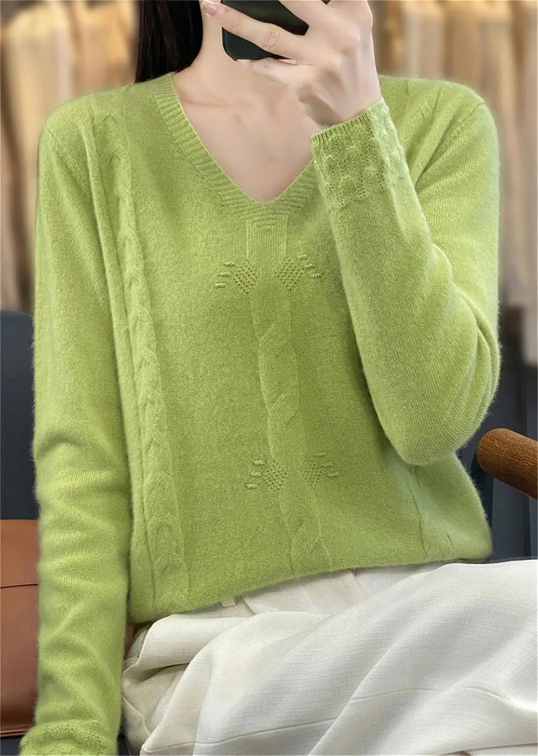 DAIMIDY Women's Solid Cable Knit Sweater Casual Long Sleeve Pullover V Neck Knitted Tops