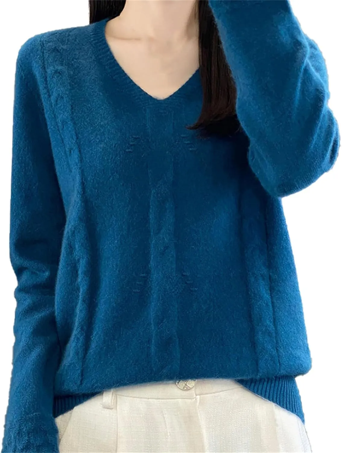DAIMIDY Women's Solid Cable Knit Sweater Casual Long Sleeve Pullover V Neck Knitted Tops