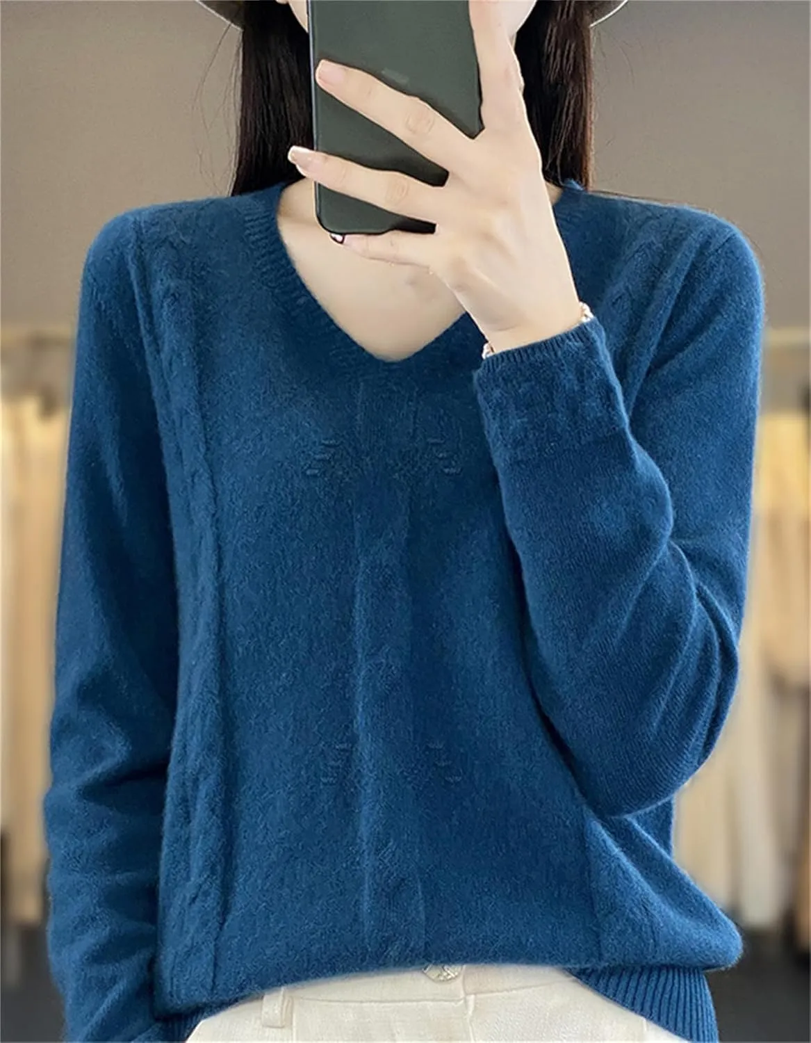 DAIMIDY Women's Solid Cable Knit Sweater Casual Long Sleeve Pullover V Neck Knitted Tops