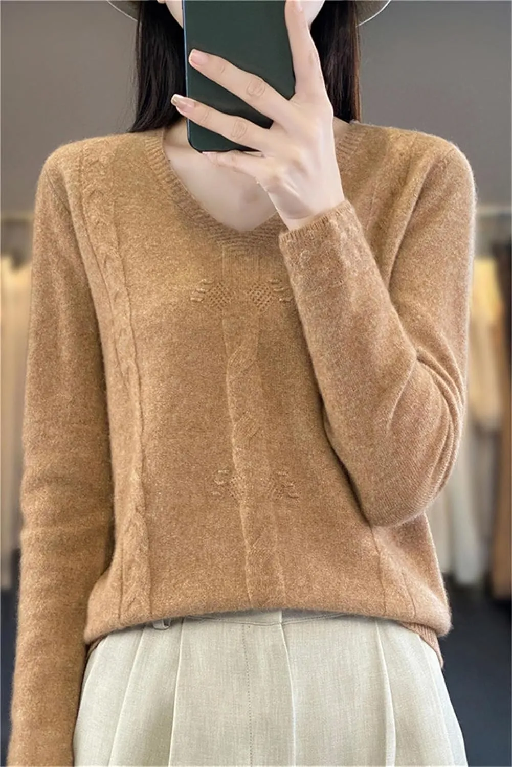 DAIMIDY Women's Solid Cable Knit Sweater Casual Long Sleeve Pullover V Neck Knitted Tops