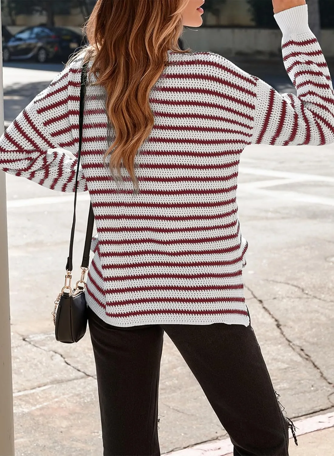 Dokotoo Sweaters for Women Crewneck Long Sleeve Striped Color Block Loose Knit Pullover Sweater Tops