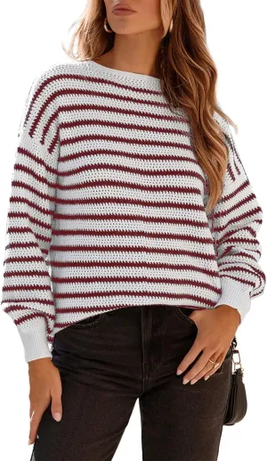 Dokotoo Sweaters for Women Crewneck Long Sleeve Striped Color Block Loose Knit Pullover Sweater Tops