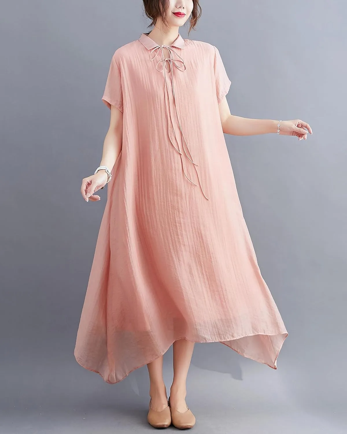 ellazhu Women's Short Sleeve Solid Color Floral Hem Maxi Length High Low Dress GA2695