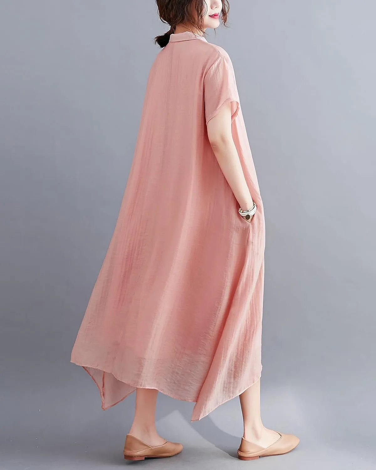ellazhu Women's Short Sleeve Solid Color Floral Hem Maxi Length High Low Dress GA2695