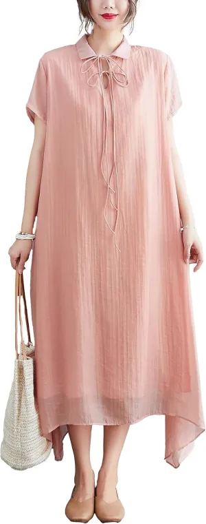 ellazhu Women's Short Sleeve Solid Color Floral Hem Maxi Length High Low Dress GA2695