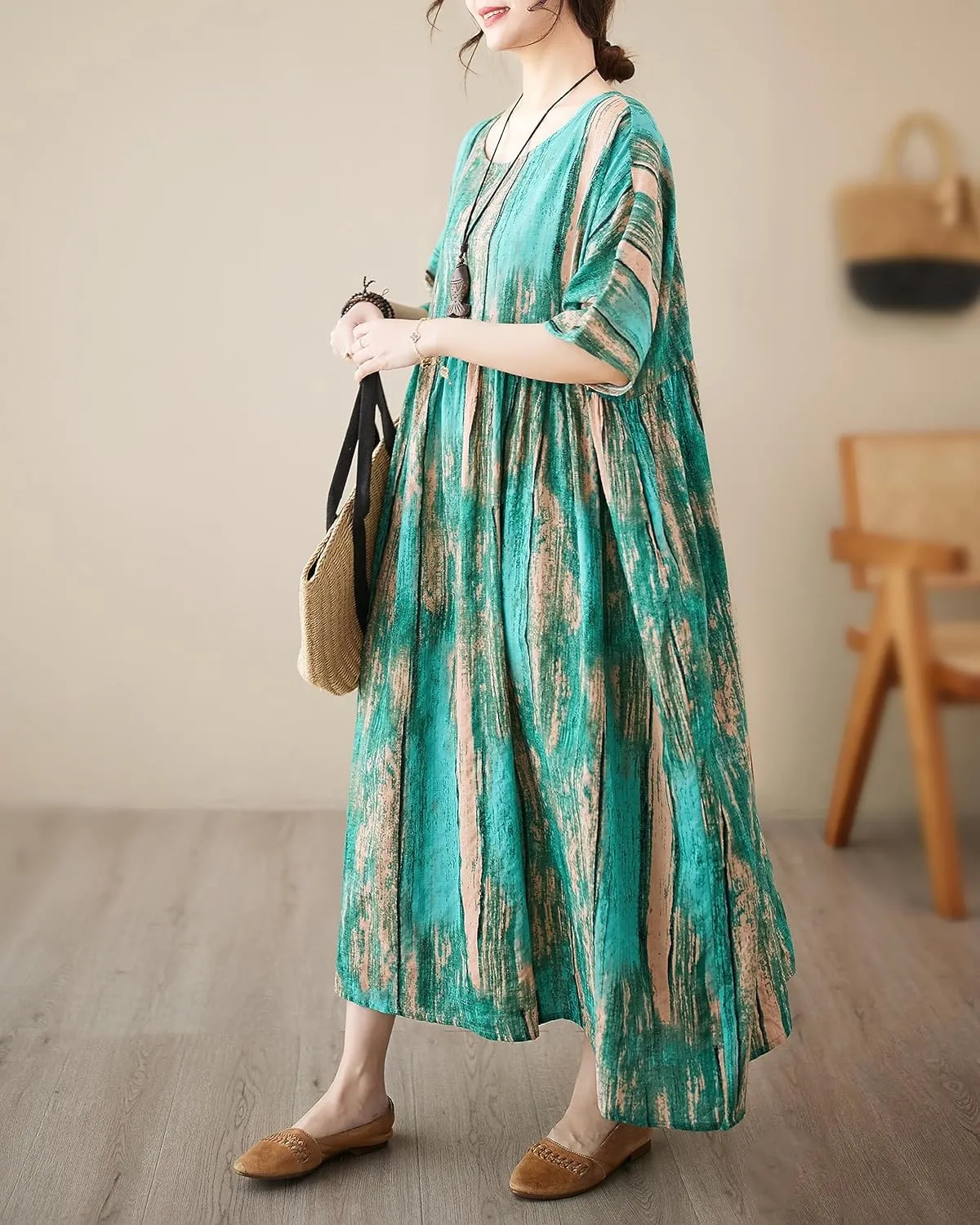 ellazhu Women's Summer Crewneck Short Sleeve Maxi Length Floral Printed Patern Dress GA2688