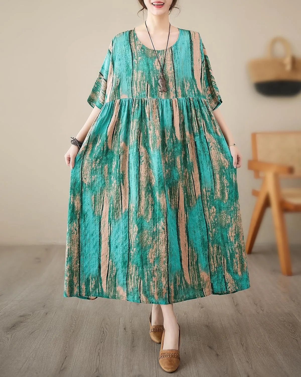 ellazhu Women's Summer Crewneck Short Sleeve Maxi Length Floral Printed Patern Dress GA2688