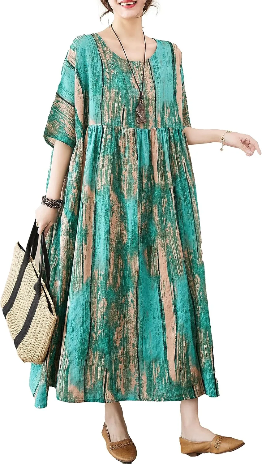 ellazhu Women's Summer Crewneck Short Sleeve Maxi Length Floral Printed Patern Dress GA2688