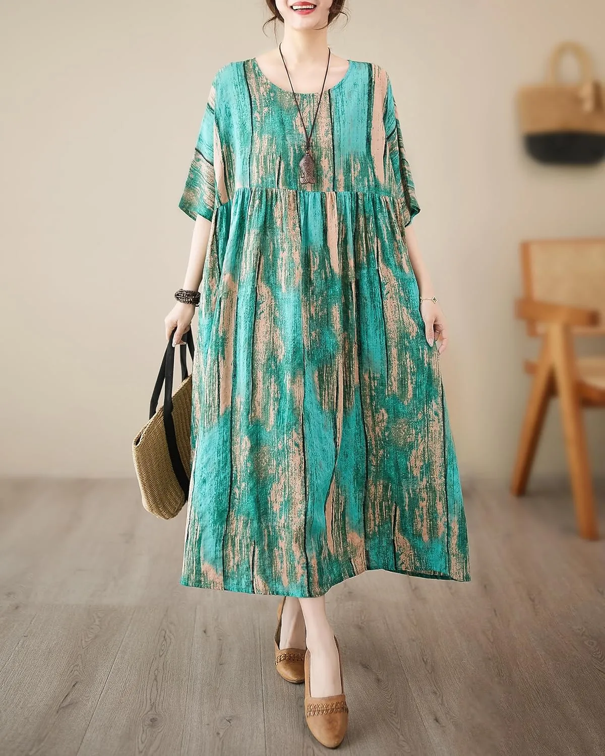 ellazhu Women's Summer Crewneck Short Sleeve Maxi Length Floral Printed Patern Dress GA2688