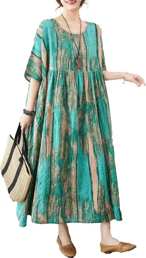 ellazhu Women's Summer Crewneck Short Sleeve Maxi Length Floral Printed Patern Dress GA2688