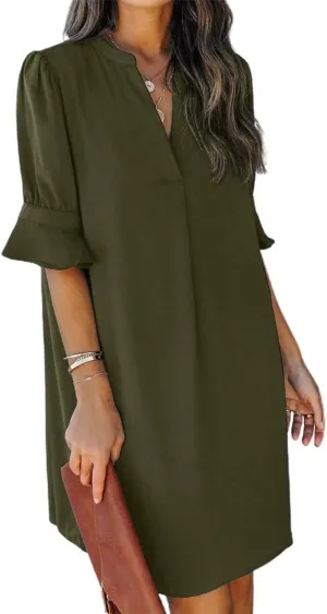 FEKOAFE Dresses Summer 2023 Dress for Women V Neck Ruffle Short Sleeves Solid Color Casual Dresses