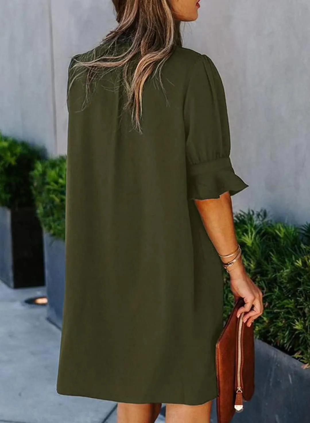 FEKOAFE Dresses Summer 2023 Dress for Women V Neck Ruffle Short Sleeves Solid Color Casual Dresses