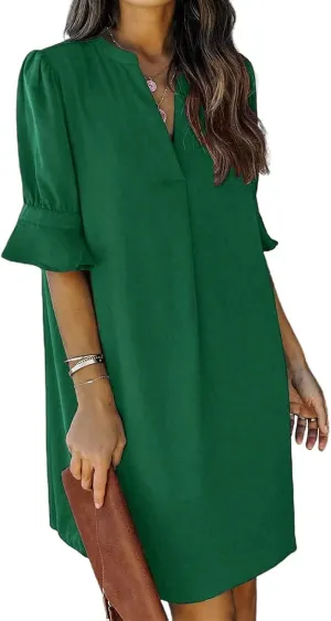 FEKOAFE Dresses Summer 2023 Dress for Women V Neck Ruffle Short Sleeves Solid Color Casual Dresses