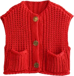 FindThy Women’s Cropped Sweater Vest Cute Crewneck Button Down Sleeveless Crop Knit Cardigan with Pocket