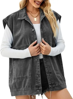FindThy Women’s Vintage Denim Jean Vest Oversized Button Down Jean Waistcoat Gilet