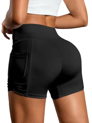 Fisoew Womens High Waisted Yoga Shorts Tummy Control Butt Lifting Athletic Gym Shorts with Pockets