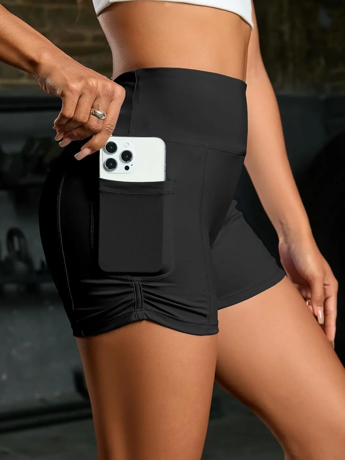 Fisoew Womens High Waisted Yoga Shorts Tummy Control Butt Lifting Athletic Gym Shorts with Pockets