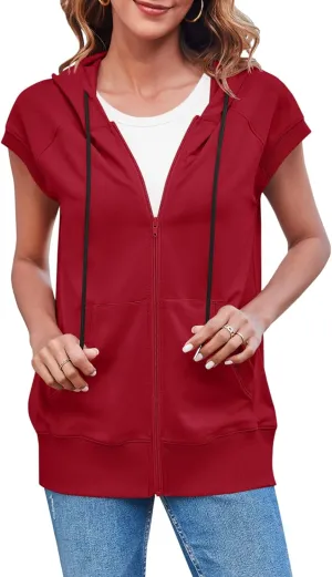 Fisoew Women's Sleeveless Zip Up Hoodies Casual Loose Fit Drawstring Sweatshirts Lightweight Jackets Vest with Pockets