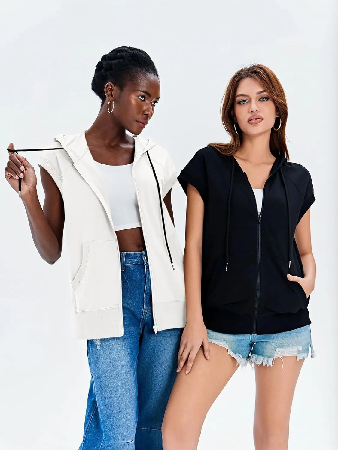 Fisoew Women's Sleeveless Zip Up Hoodies Casual Loose Fit Drawstring Sweatshirts Lightweight Jackets Vest with Pockets