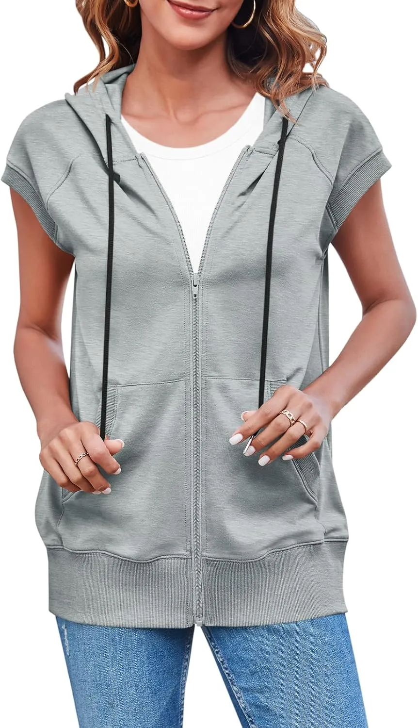 Fisoew Women's Sleeveless Zip Up Hoodies Casual Loose Fit Drawstring Sweatshirts Lightweight Jackets Vest with Pockets