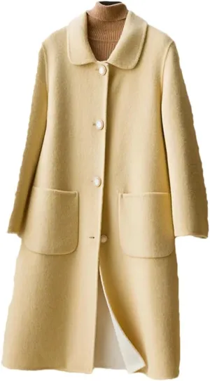 Fjnbbiot Autumn And Winter Double-Sided Cashmere Coat Women's Lapel Single Breasted Mid-Long Wool Blend Coat