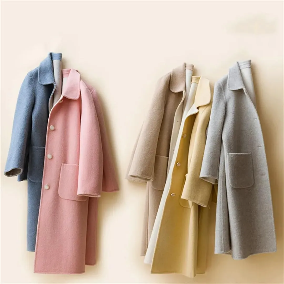 Fjnbbiot Autumn And Winter Double-Sided Cashmere Coat Women's Lapel Single Breasted Mid-Long Wool Blend Coat