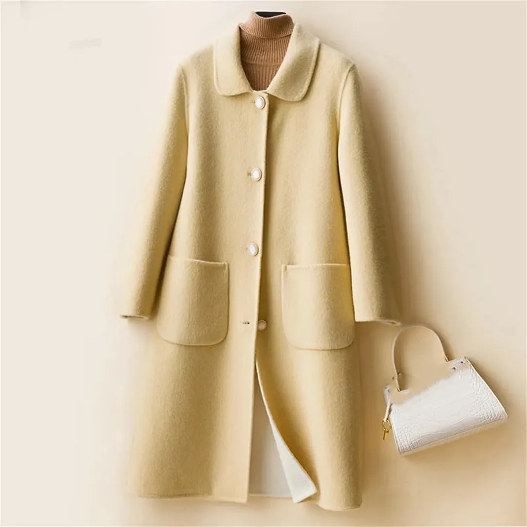 Fjnbbiot Autumn And Winter Double-Sided Cashmere Coat Women's Lapel Single Breasted Mid-Long Wool Blend Coat