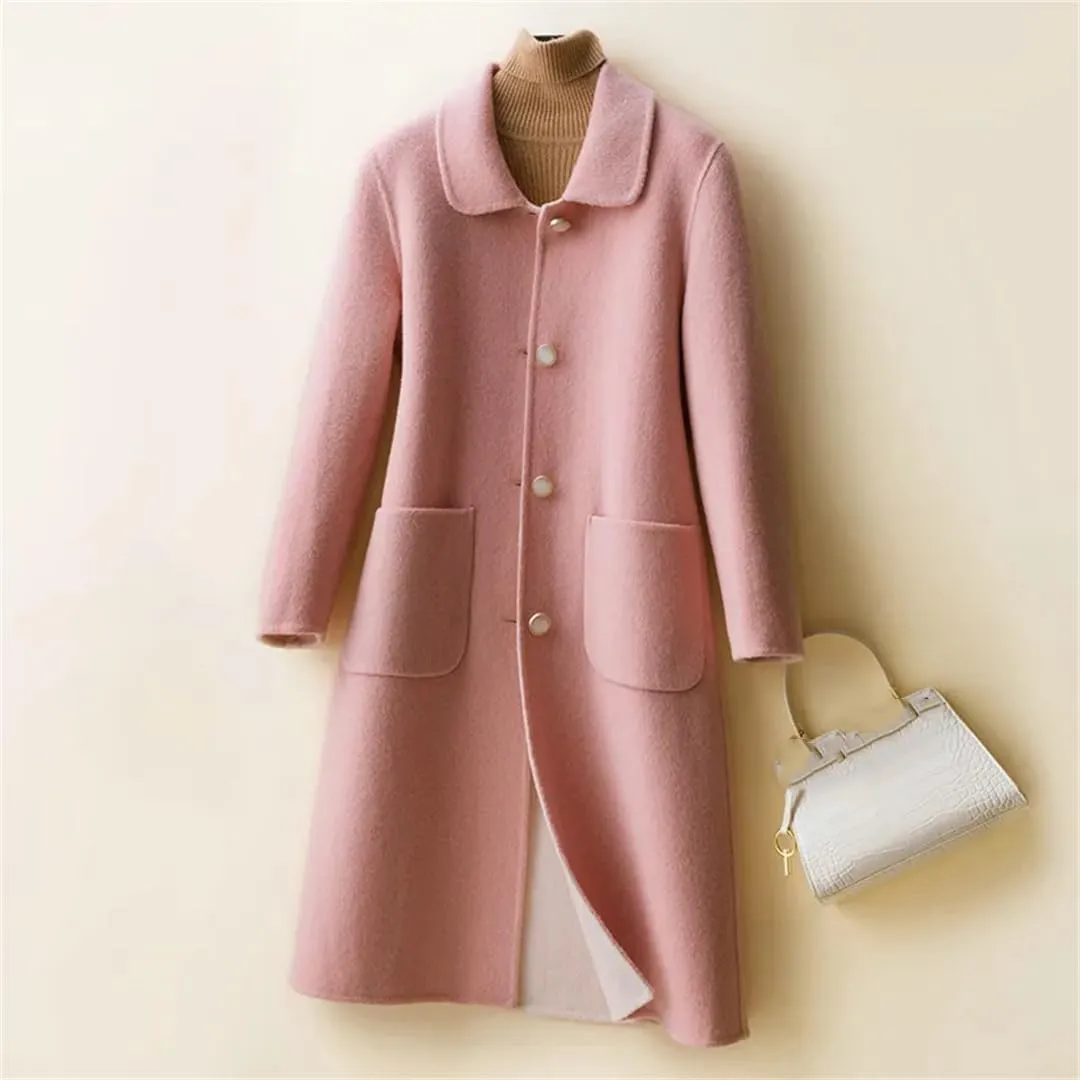 Fjnbbiot Autumn And Winter Double-Sided Cashmere Coat Women's Lapel Single Breasted Mid-Long Wool Blend Coat
