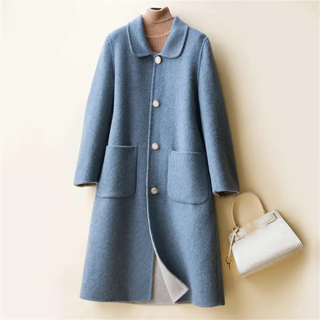 Fjnbbiot Autumn And Winter Double-Sided Cashmere Coat Women's Lapel Single Breasted Mid-Long Wool Blend Coat
