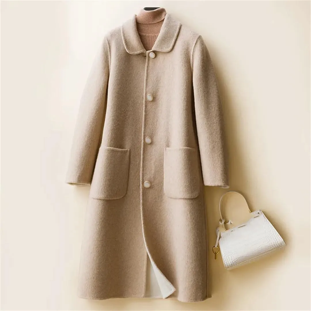 Fjnbbiot Autumn And Winter Double-Sided Cashmere Coat Women's Lapel Single Breasted Mid-Long Wool Blend Coat