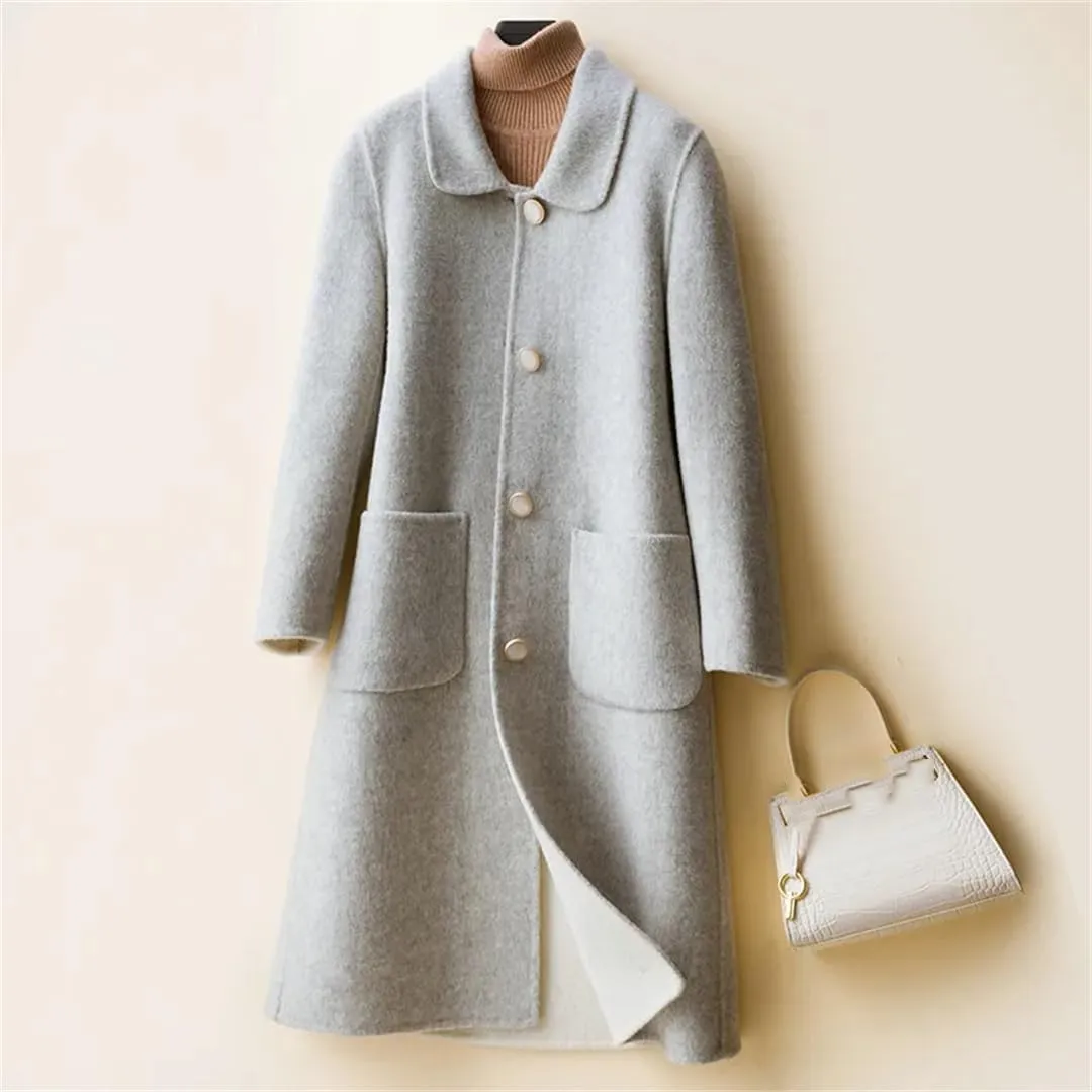 Fjnbbiot Autumn And Winter Double-Sided Cashmere Coat Women's Lapel Single Breasted Mid-Long Wool Blend Coat