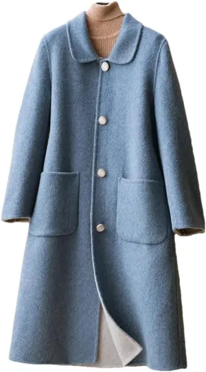 Fjnbbiot Autumn And Winter Double-Sided Cashmere Coat Women's Lapel Single Breasted Mid-Long Wool Blend Coat
