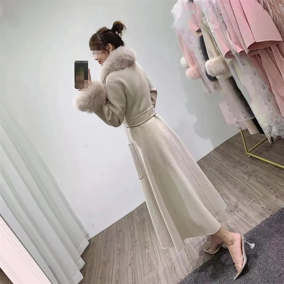 Fjnbbiot Winter Jacket Women Fur Collar Long Wool Blended Warm Thick Casual Solid Color Outerwear