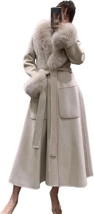 Fjnbbiot Winter Jacket Women Fur Collar Long Wool Blended Warm Thick Casual Solid Color Outerwear