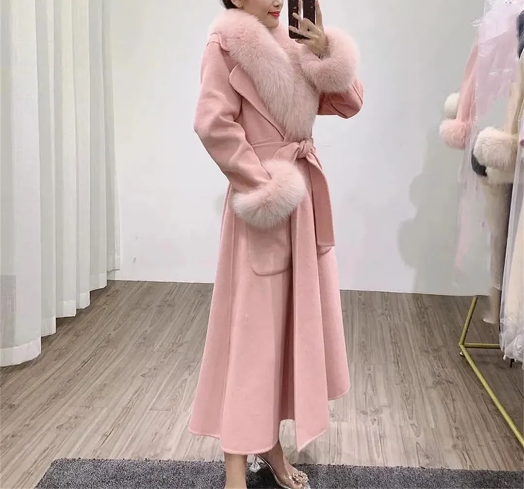 Fjnbbiot Winter Jacket Women Fur Collar Long Wool Blended Warm Thick Casual Solid Color Outerwear