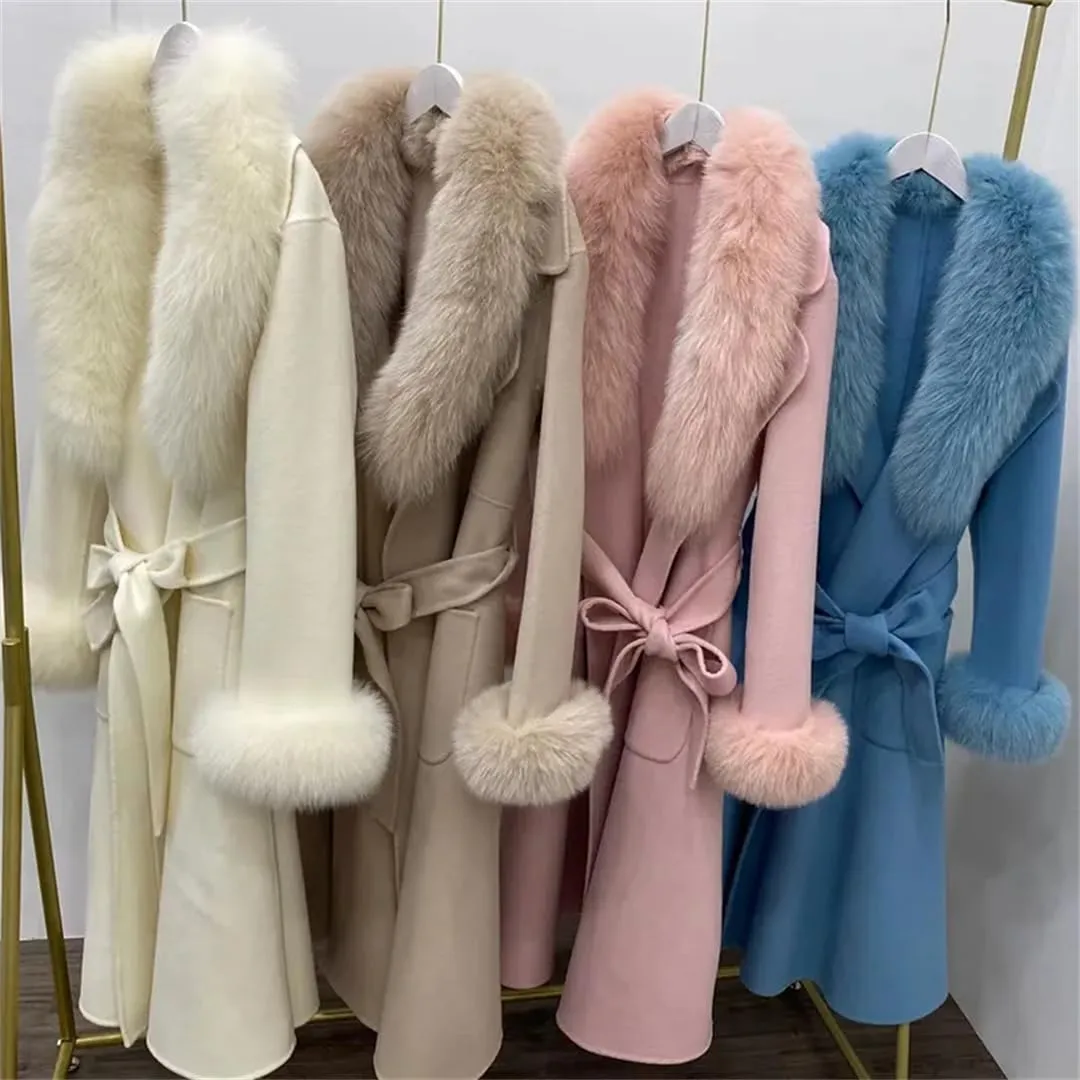 Fjnbbiot Winter Jacket Women Fur Collar Long Wool Blended Warm Thick Casual Solid Color Outerwear