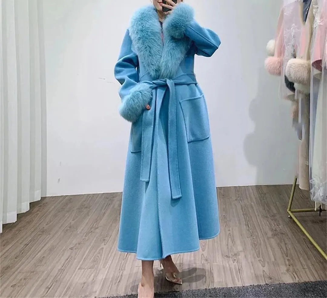 Fjnbbiot Winter Jacket Women Fur Collar Long Wool Blended Warm Thick Casual Solid Color Outerwear