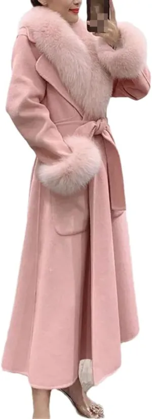 Fjnbbiot Winter Jacket Women Fur Collar Long Wool Blended Warm Thick Casual Solid Color Outerwear