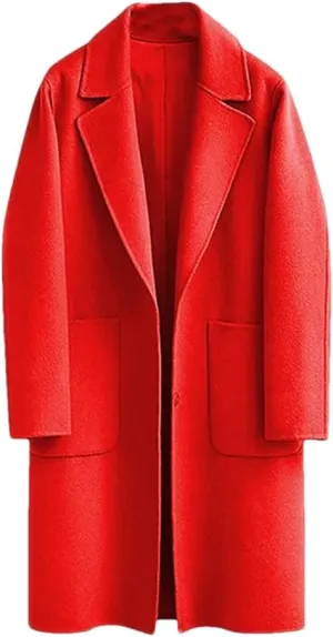 Fjnbbiot Women's Double-Sided Woolen Coat Long Loose Woolen Coat Elegant Notched Collar Double Breasted Wool Blend Over Coat