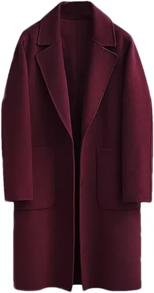 Fjnbbiot Women's Double-Sided Woolen Coat Long Loose Woolen Coat Elegant Notched Collar Double Breasted Wool Blend Over Coat