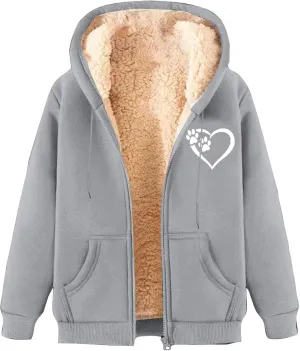 Fleece Lined Jacket Women with Hood Casual Solid Graphic Sherpa Hoodie Warm Soft Sweatshirt Zip Up with Pockets
