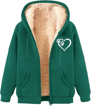 Fleece Lined Jacket Women with Hood Casual Solid Graphic Sherpa Hoodie Warm Soft Sweatshirt Zip Up with Pockets