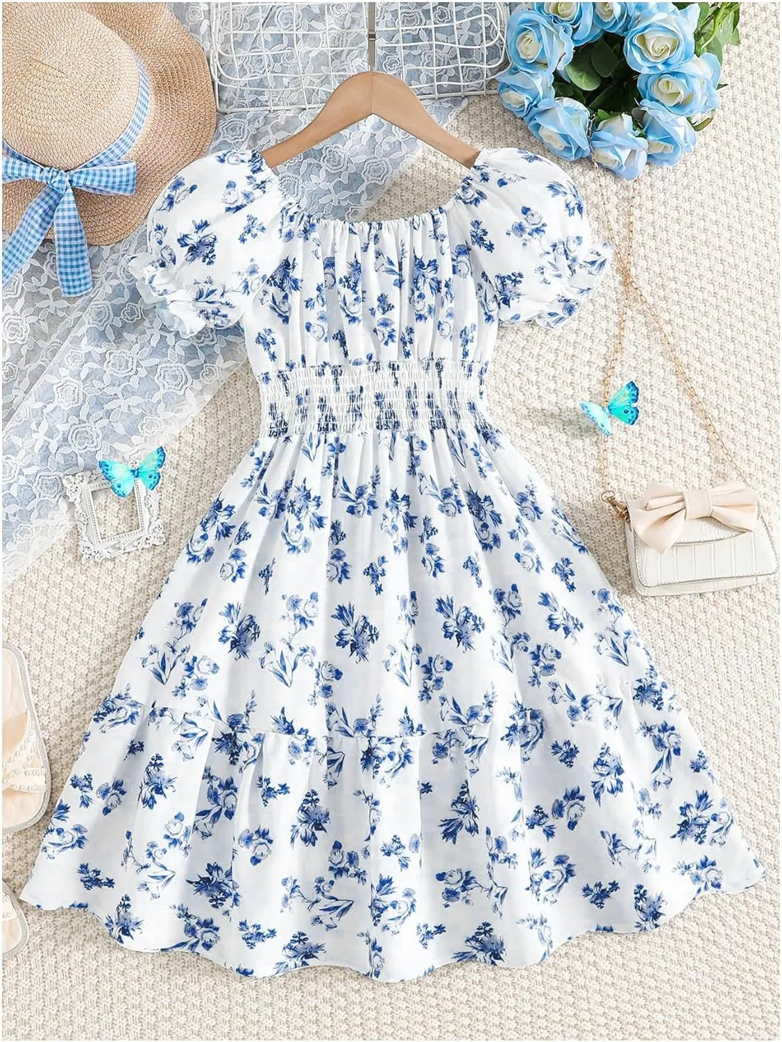 Floerns Girl's Boho Floral Print Puff Short Sleeve A Line Dress Ruffle Hem Summer Dresses