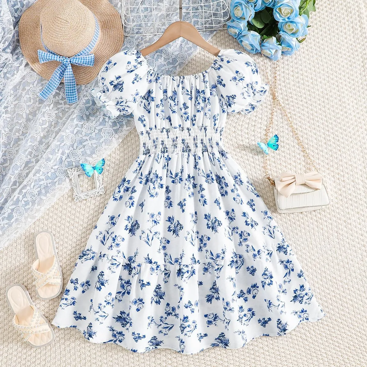 Floerns Girl's Boho Floral Print Puff Short Sleeve A Line Dress Ruffle Hem Summer Dresses