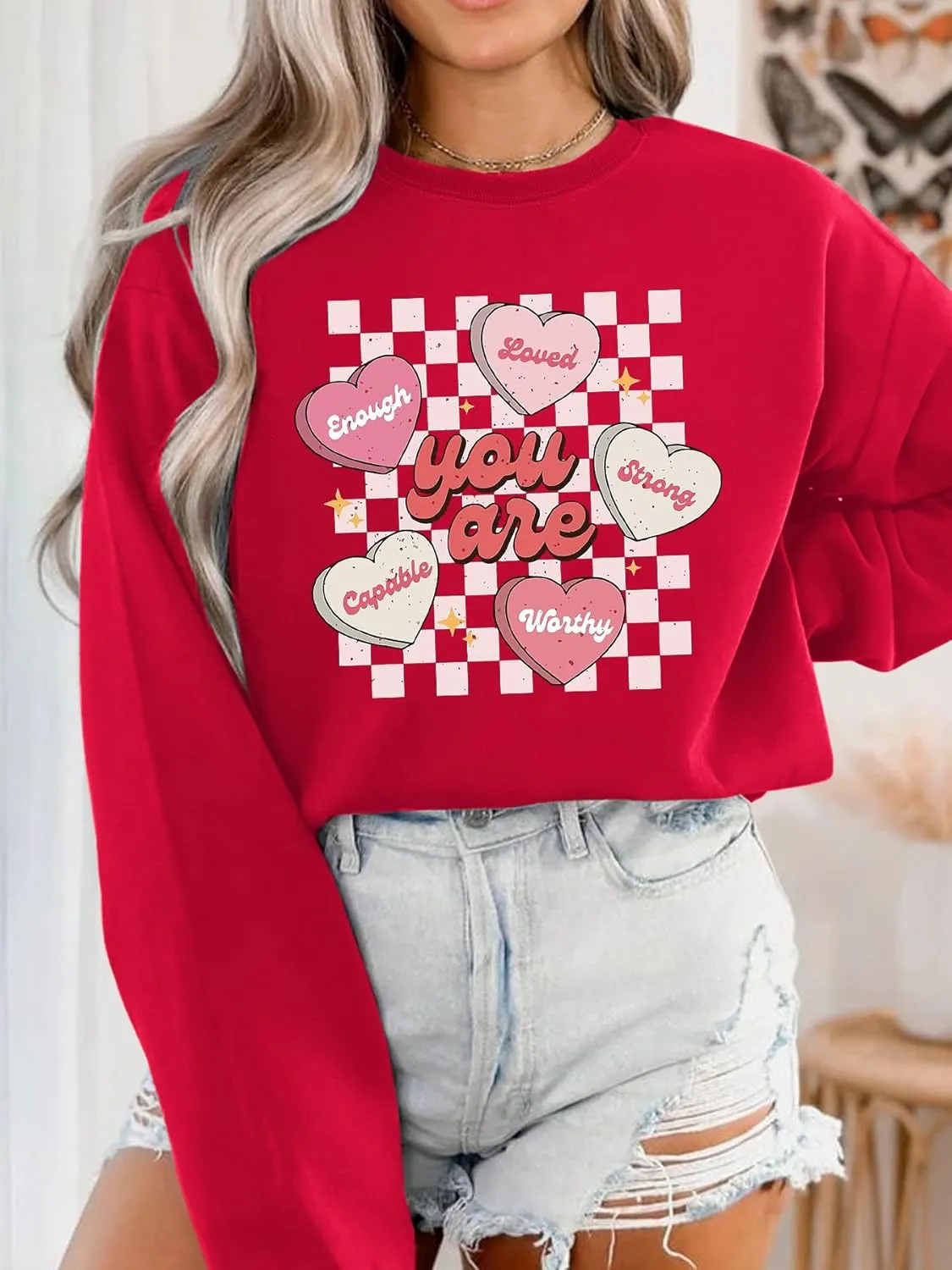 FLORENCE IISA Womens Oversized Graphic Crewneck Sweatshirt Long Sleeve Pullover Tops Heart Print Valentines Sweatshirt